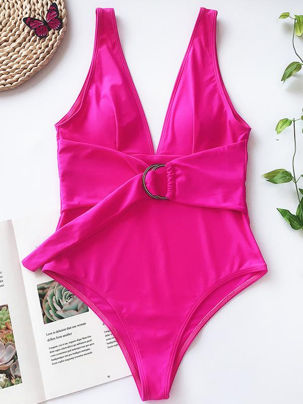 Solid Color Belted One-Piece Swimwear