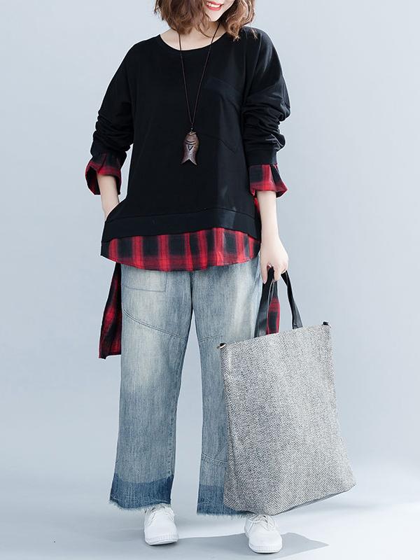 Loose Oversize Split-joint Plaid Sweatshirt