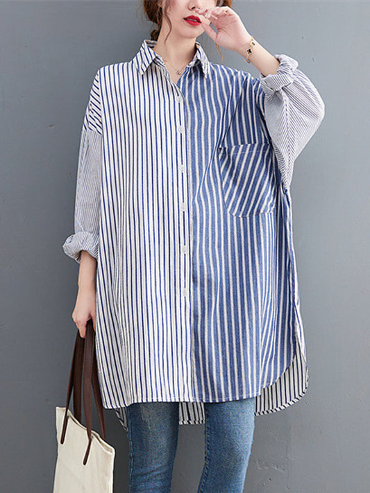 Artistic Retro Loose Striped Split-Joint With Pocket Buttoned Split-Side High-Low Lapel Collar Long Sleeves Blouse