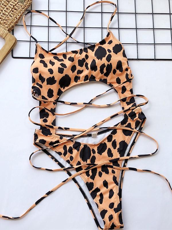 Leopard-Print Hollow Straps One-Piece Swimsuit