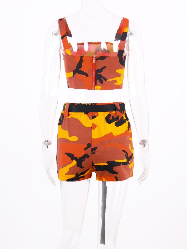 Camo Printed Tanks And Belted Shorts Suits