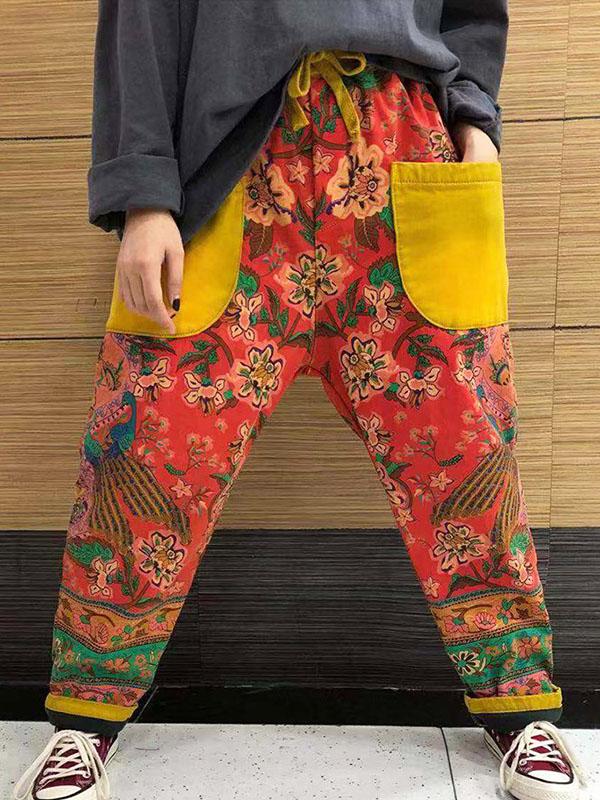 National Floral Print Split-joint Harem Pants