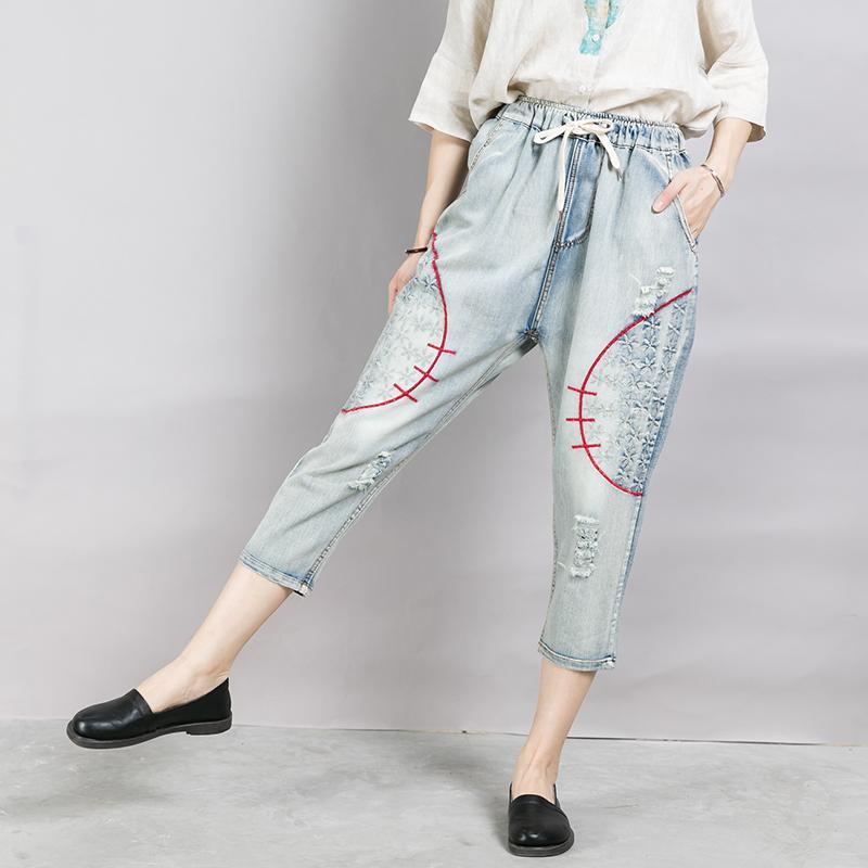 Casual Frayed Embroidery Drawstring Loose Jeans