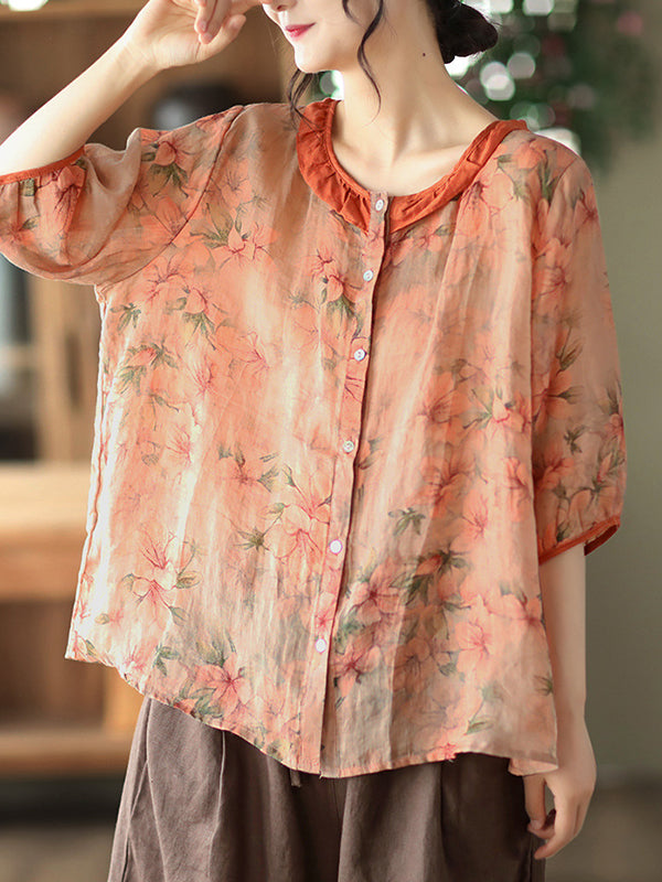 Vintage Artistic Retro Loose Floral Printed Pleated Ramie Cotton Blouse