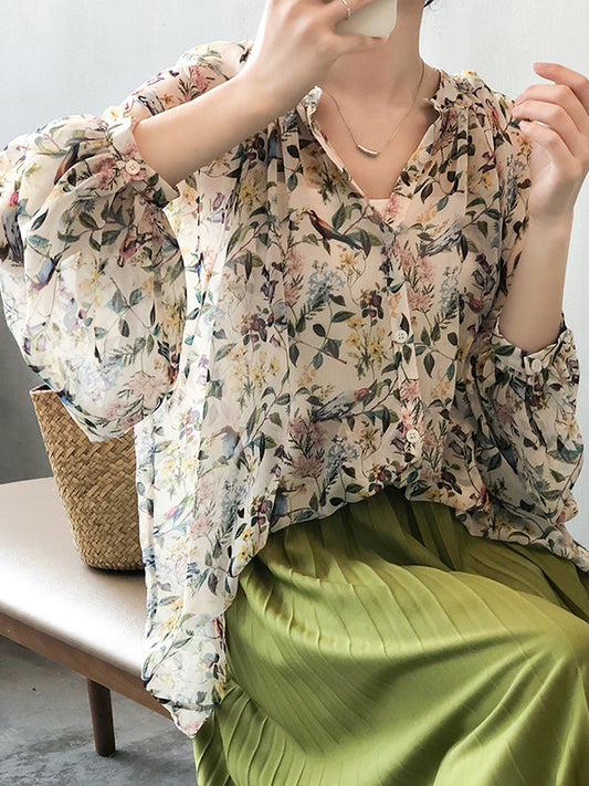 Urban Multi-Colored Floral Printed Puff Sleeves Chiffon Blouse