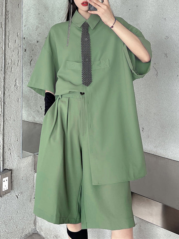 Cool Chic Loose Split-Joint Solid Color With Tie Lapel Collar Half Sleeves Blouse&Pleated Wide Legs Shorts 2 Pieces Set