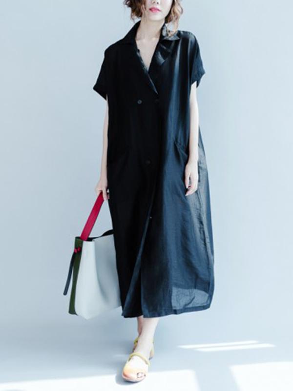 Simple Navy Blue Lapel Long Dress