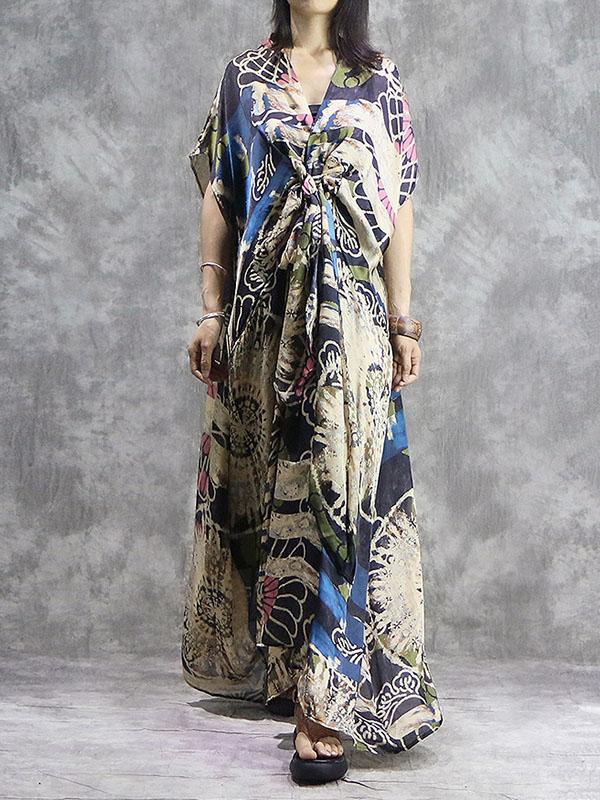 Vintage Silk V-neck Printed Dress+ Braces Vest