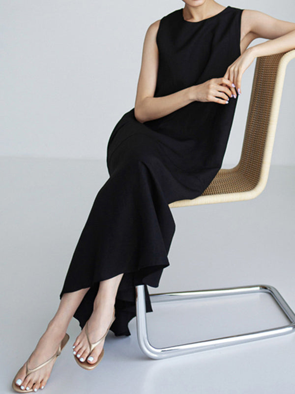 Fashion Loose Solid Color Round-Neck Sleeveless Midi Dress