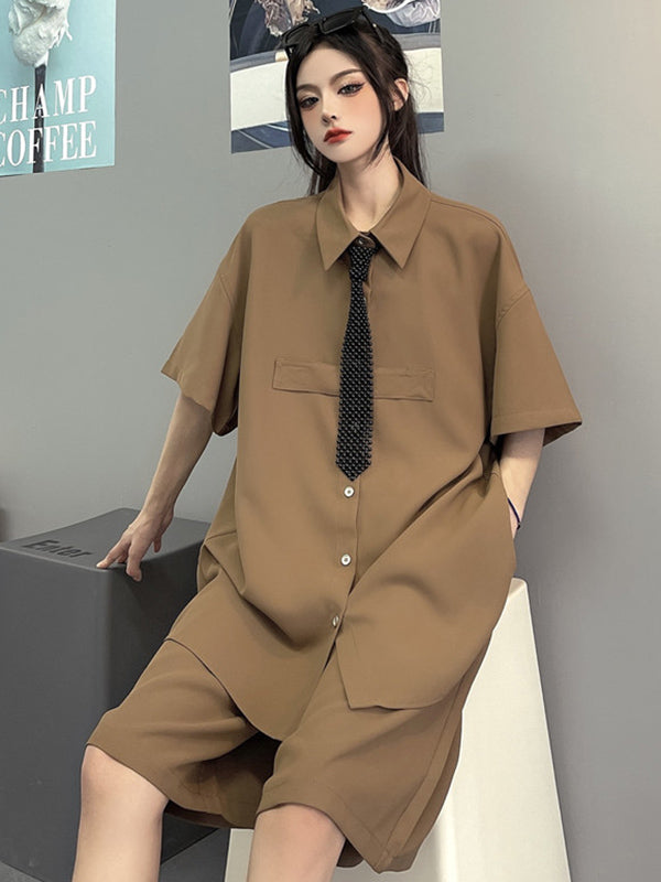 Cool Chic Loose Split-Joint Solid Color With Tie Lapel Collar Half Sleeves Blouse&Pleated Wide Legs Shorts 2 Pieces Set