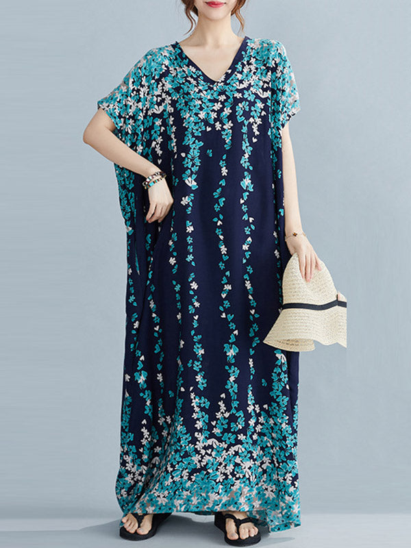 Original Floral Printed Loose V-Neck Batwing Sleeves Maxi Dress