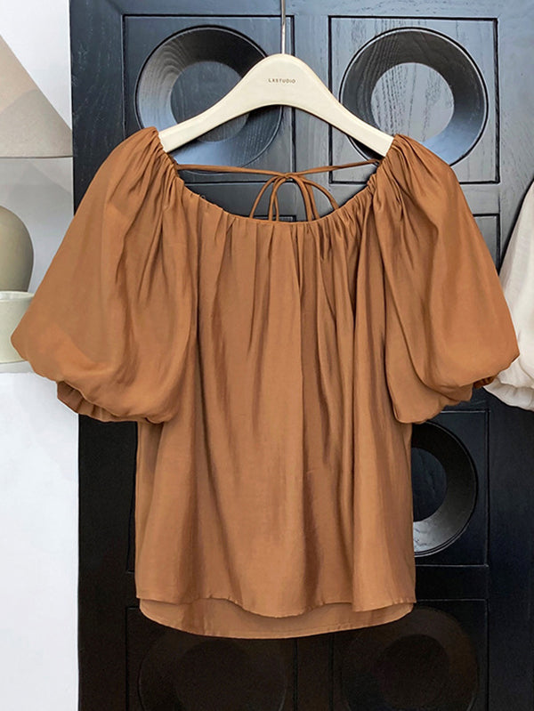 Original Off-The-Shoulder Solid Color Pleated Puff Sleeves Tunic Top