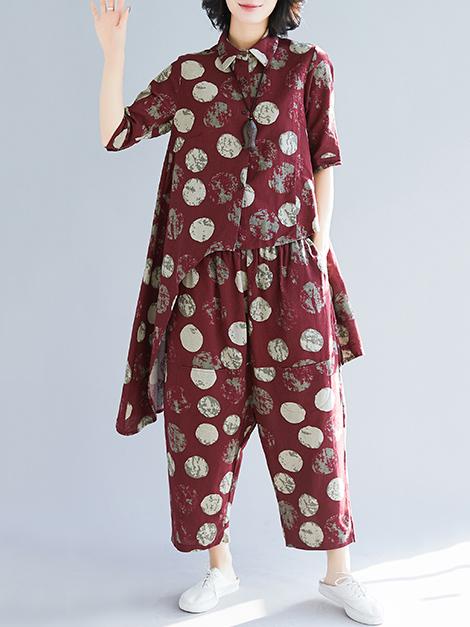 Loose Polka-Dot High-low Lapel Blouse&Pants Suits