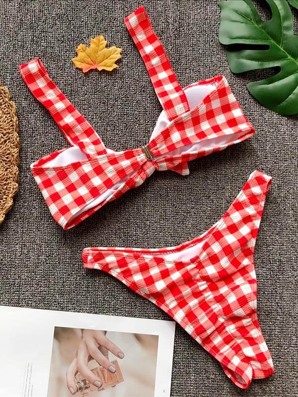 Sexy Plaid Bow-Embellished  Bikinis Swimwear