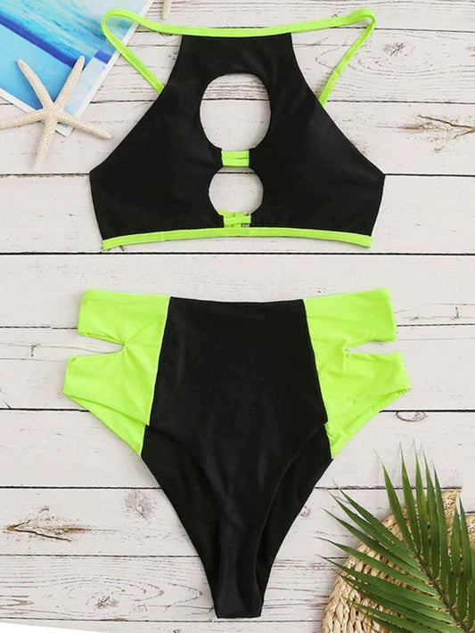 Patchwork Hollow Split Bikini Swimsuit