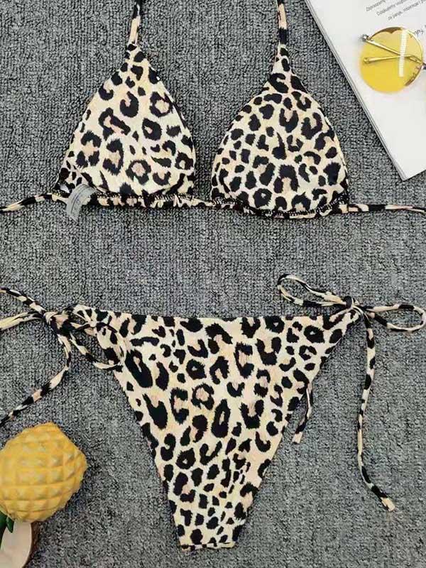 Sexy Bandage Triangles Leopard Print Split Type Bikini Swimsuit