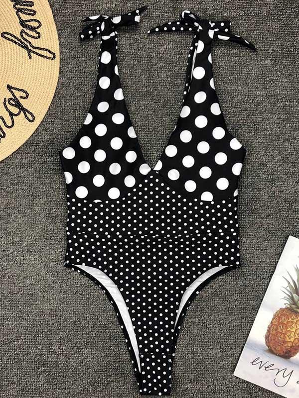 Vintage Polka-Dot V-neck One-piece Swimsuit