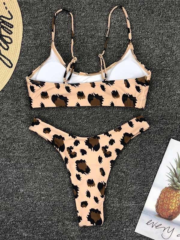 Leopard Plunge Neck Top With Panty Bikini Set