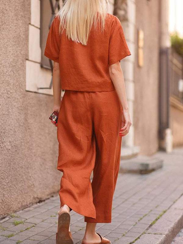 Simple Solid Color Short Sleeves Shirts& Wide Leg Pants Set