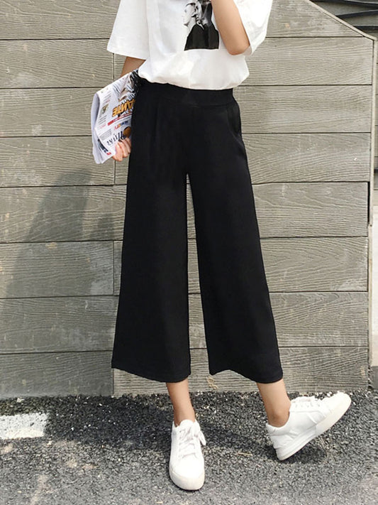 Casual Solid Chiffon Wide Leg Column Capri-Pants