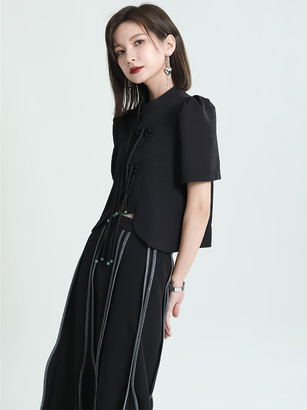 Original Stand Collar Puff Sleeves Black Split-Joint Blouse