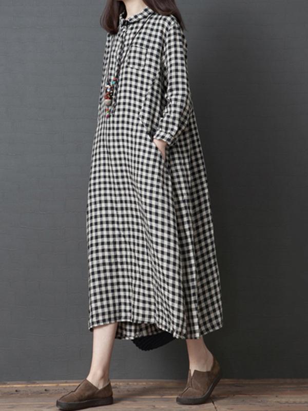 Linen Plaid Plus Size Loose Shirt Midi Dresses