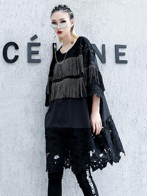 Lace&Tassel Split-joint Long T-shirt