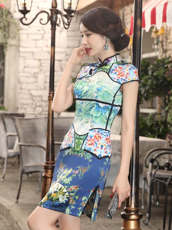 Blue Digital Print Split-side Short Cheongsam