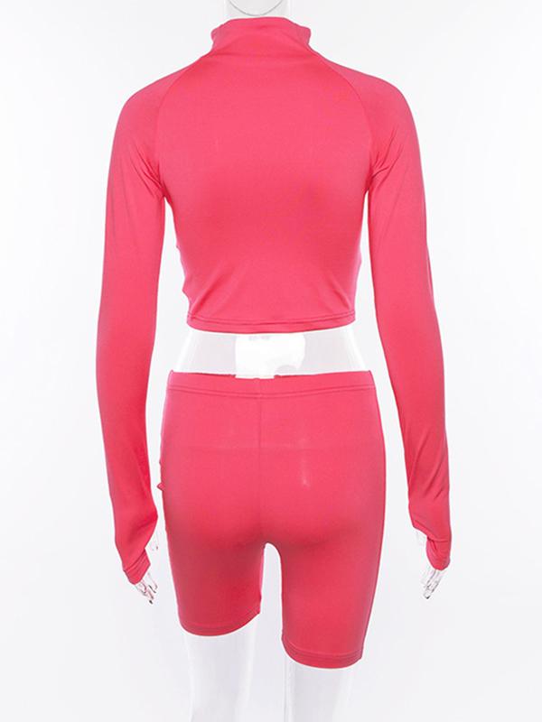 Solid Zipper Long Sleeves Jacket And Shorts Sports Suits