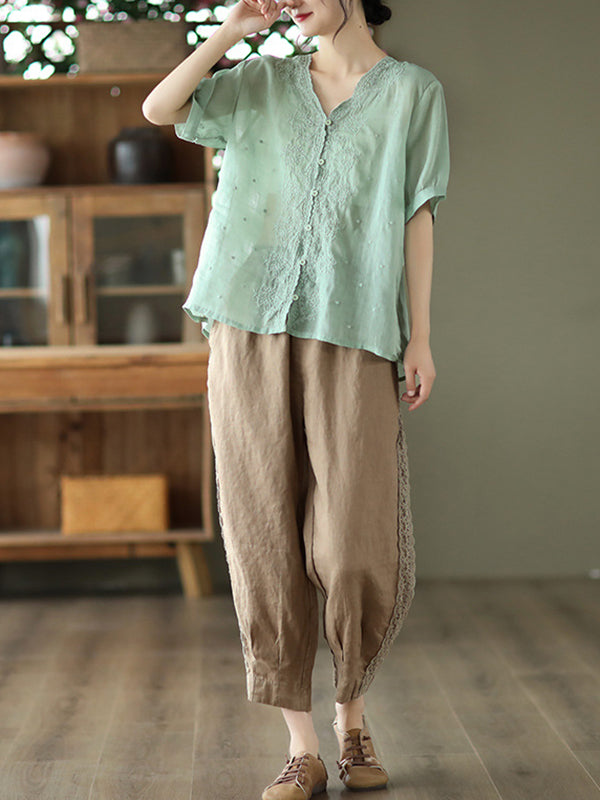 Artistic Retro Loose Solid Color Ramie Cotton Embroidered Blouse