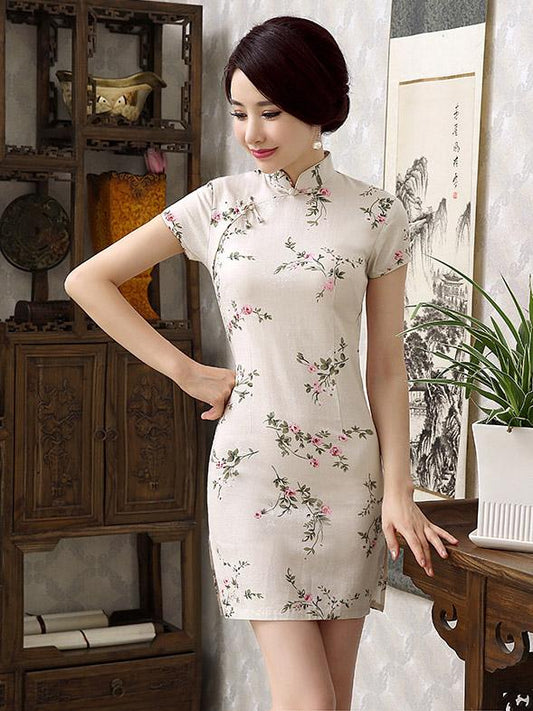 Linen Flower Print Short Cheongsam Dress