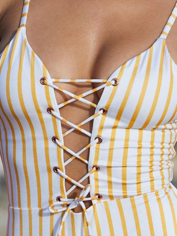 Lace-Up Stripes Fresh One-piece Swimwear