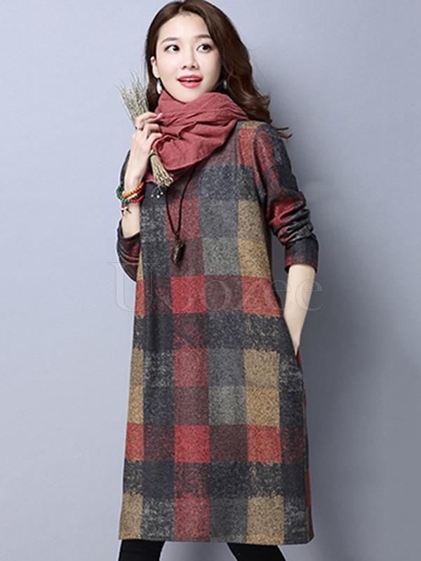 Retro Plaid Thicken Woolen Mini Dress