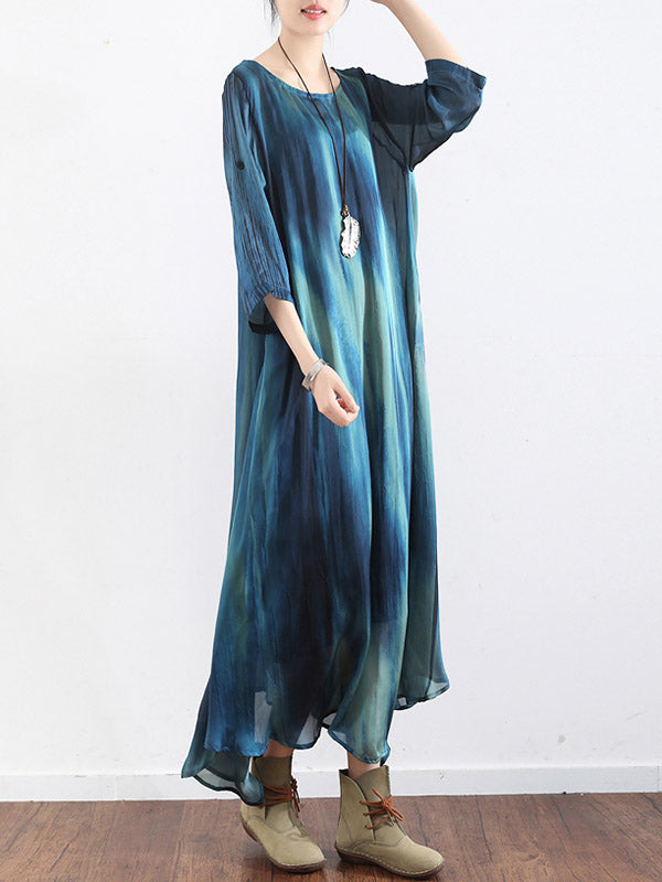 Artistic Retro 2 Pieces Printed Round-Neck Loose Maxi Dress