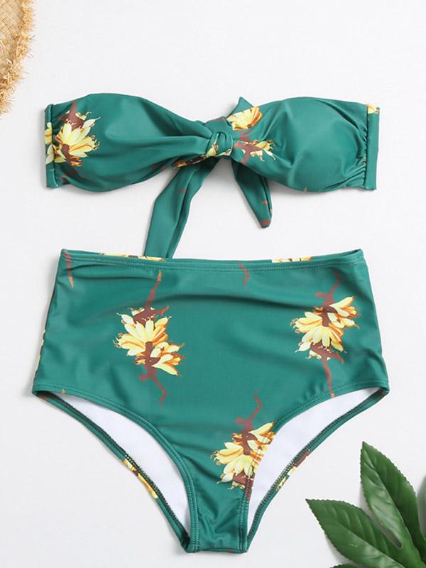 Floral-Print Bandeau Split Bikini Swimsuit