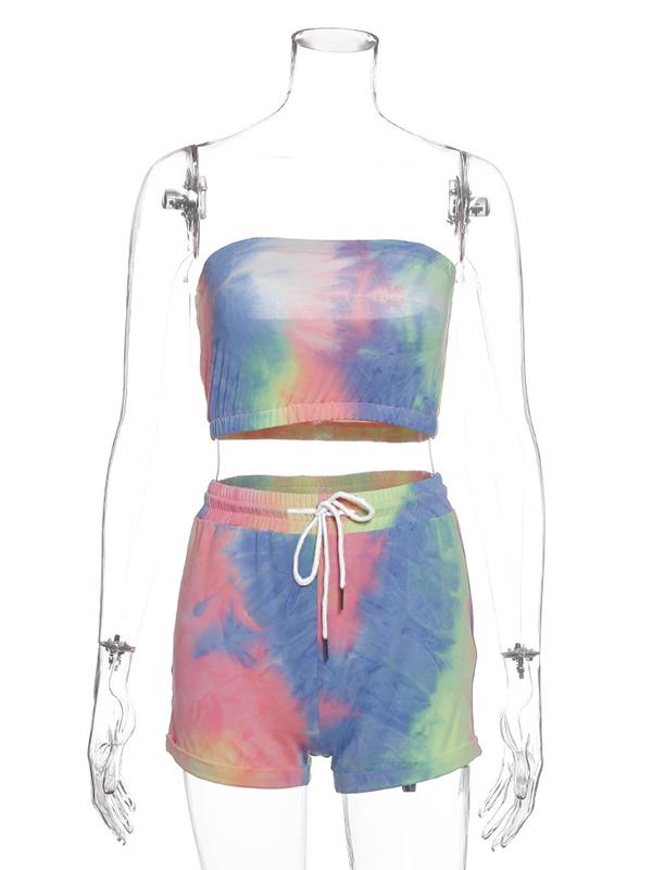 Tie Dye Off Shoulder And Drawstring Shorts Suits