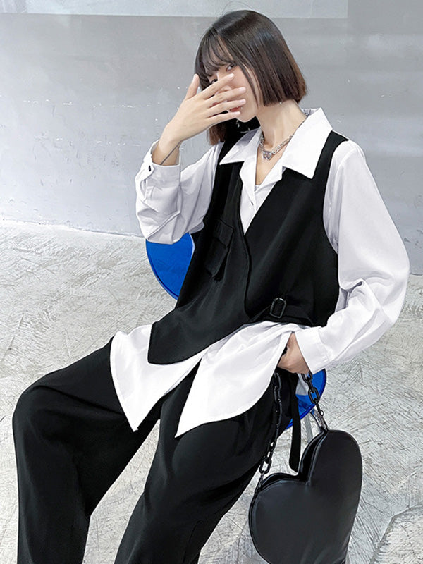 Original Stylish Loose Irregular Cropped Tied Buttoned Lapel Collar Long Sleeves False Two Blouse&Wide Legs Pants 2 Pieces Set