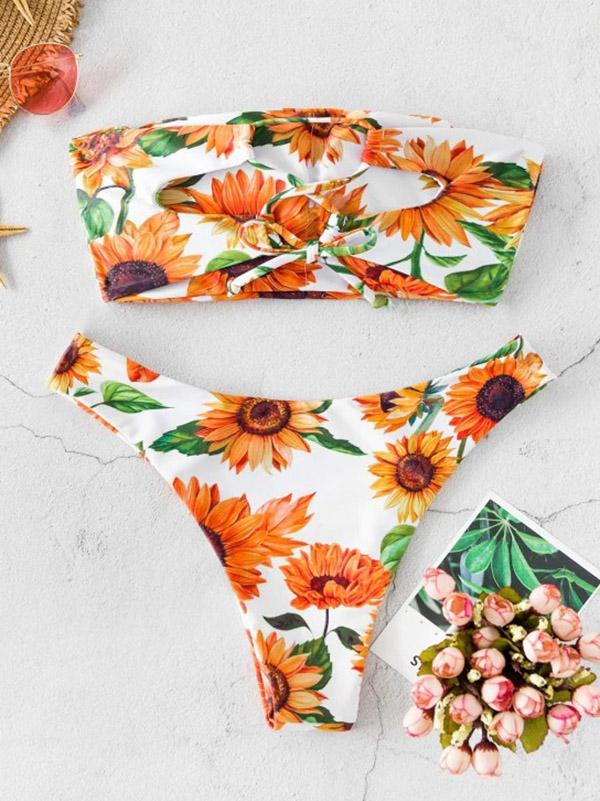 Sexy Strapless Sunflowers Split Type Bikini Swimsuit