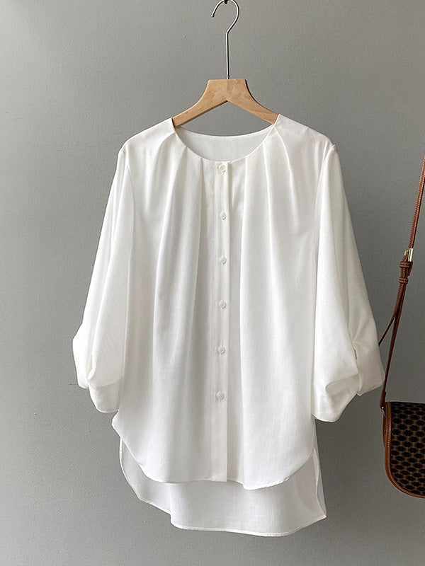 Casual Solid Color Pleated Buttoned Round-Neck Puff Sleeves Blouse