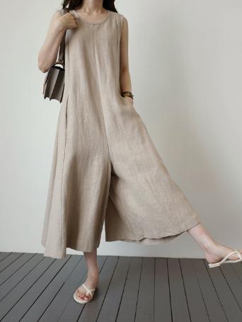 Light Khaki Loose Sleeveless Round-neck Wide Leg Jumpsuits