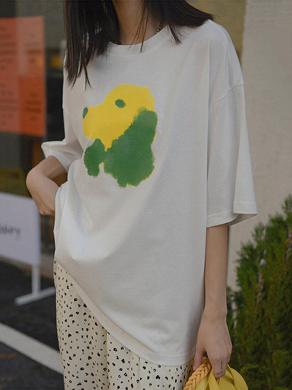 Oversized Contrast Color Dog Printed T-Shirt