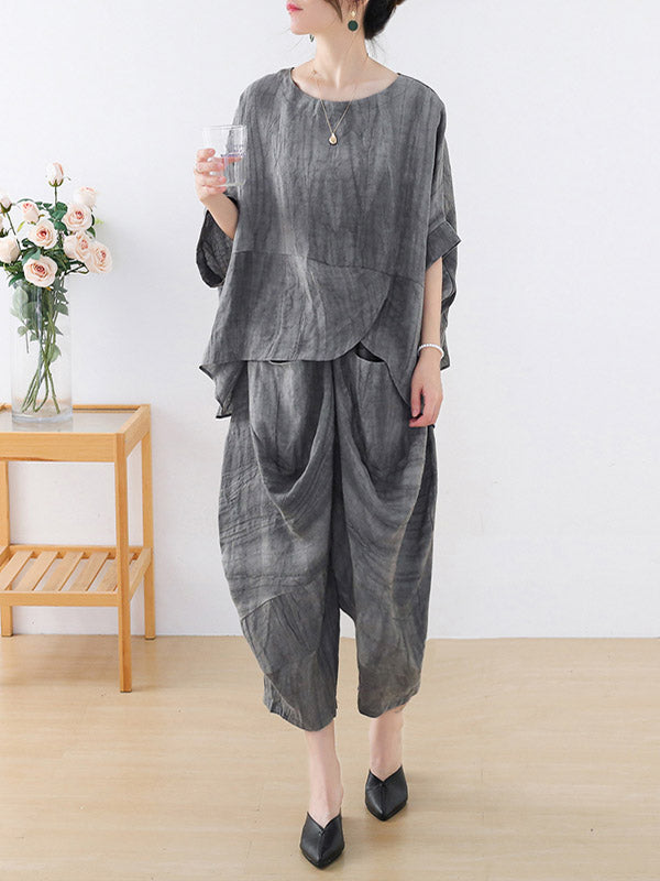 Vintage Linen Loose Split-Joint Round-Neck Batwing Sleeves T-Shirt+Elasticity Wide Leg Pants 2 Pieces Set