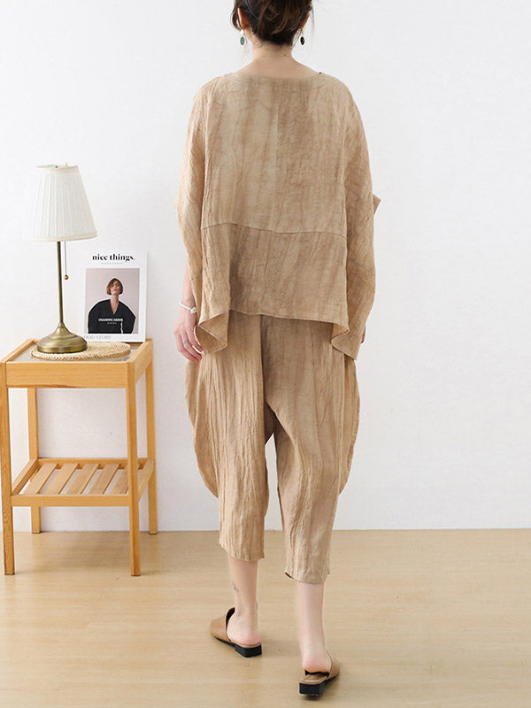 Vintage Linen Loose Split-Joint Round-Neck Batwing Sleeves T-Shirt+Elasticity Wide Leg Pants 2 Pieces Set