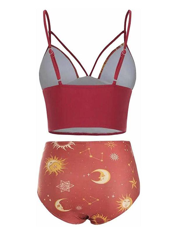 Sexy Strapless Bandage Sun And Moon Printing Split Type Bikini Swimsuit