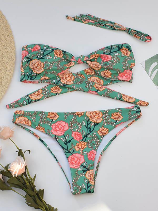 Sexy Spaghetti-Neck Knotted Printing Split Type Bikini Swimsuit