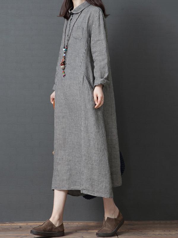 Linen Plaid Plus Size Loose Shirt Midi Dresses