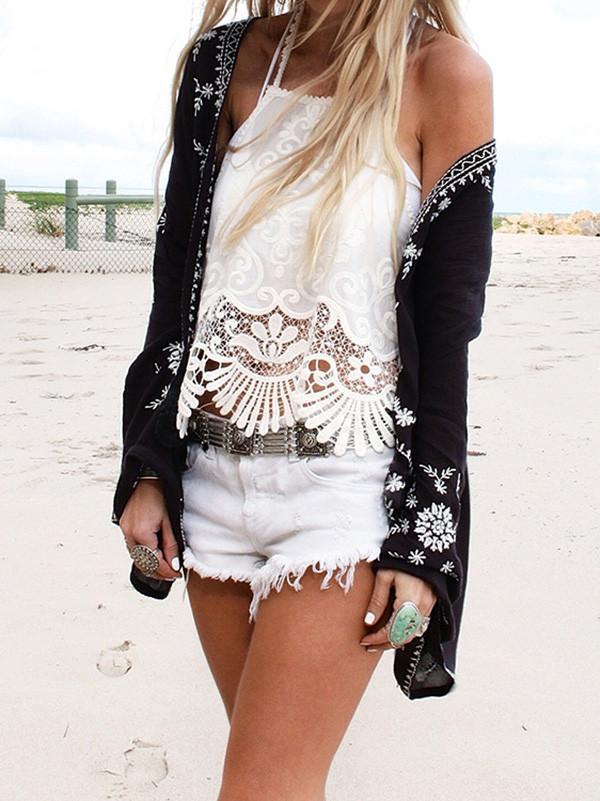 Beautiful Black Long Sleeve Printed Shawl Cover-up Tops