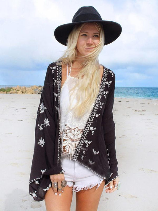 Beautiful Black Long Sleeve Printed Shawl Cover-up Tops