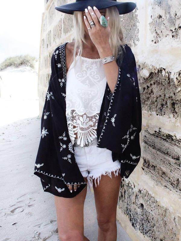 Beautiful Black Long Sleeve Printed Shawl Cover-up Tops