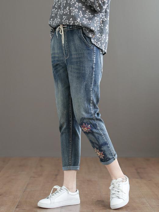 Embroidered Strap Elastic National Jeans Bottom